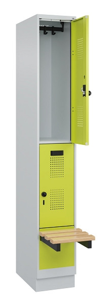 C+P Doppelstock-Spind Evolo PLUS, Bank, 2 Fächer, 1950x300x815mm, 7035/0024, Drehriegel, Sitzfläche Buche-Hartholz, mit Sockel, 049340-10 S10015