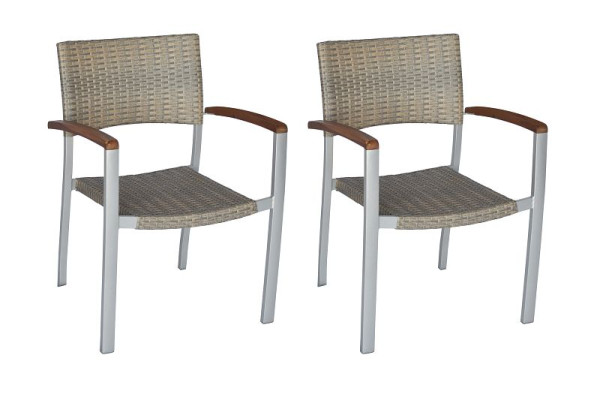 Merxx Silano Stapelsessel, 2er Set, Armlehnen aus Akazienholz, silber/graubeige, Aluminiumgestell mit Kunststoffgeflecht und, FSC Akazienholz, 50381-258