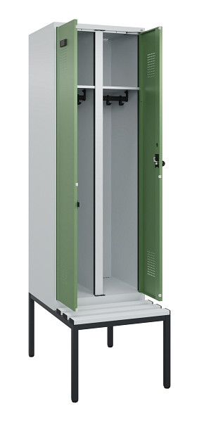 C+P Schwarz-Weiß-Spind Evolo PLUS, Bank, 2 Abteile, 2120x600x815mm, 7035/6011, Drehriegel, Sitzfläche Kunststoff, Sitzbank, 0490527-20 S10064