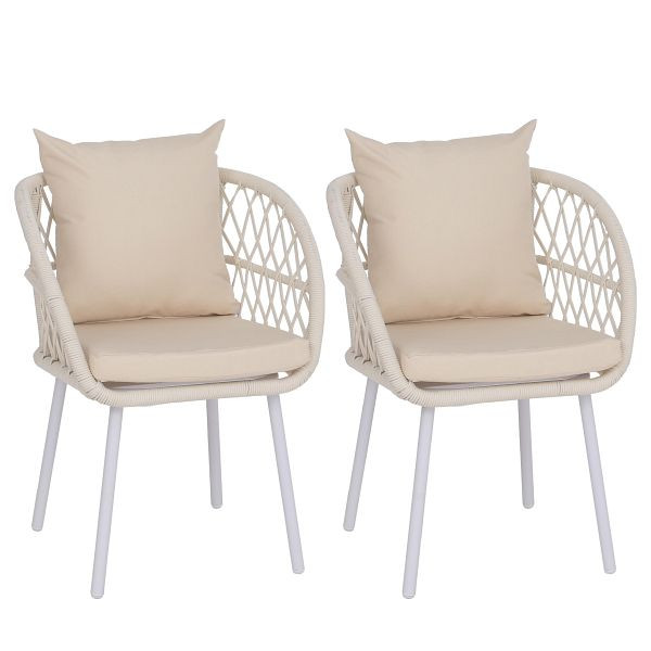 Mendler 2er-Set Gartenstuhl HWC-Q38, Gartensessel Armlehne, Aluminium Seilgeflecht Rope, Gestell hellgrau, Polster creme, 121401