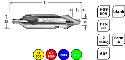 SPPW Zentrierbohrer HSS-E05 DIN333 Form A - 0,75x3,50, VE: 10 Stück, 1233400075