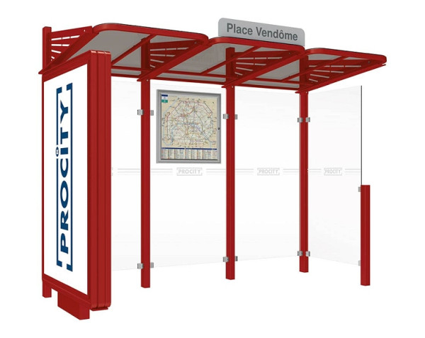 Procity Wartehalle Convi® - Standard - 1 Beleuchteter Caisson Links + 1 Seitenverkleidung Rechts, Farbe RAL 3004, 529388.3004