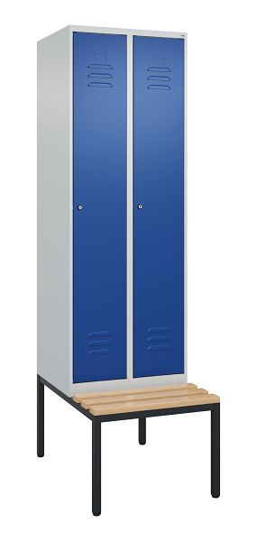 C+P Umkleidespind Classic PLUS mit Mitteltrennwand, Bank, 2 Abteile, 2120x600x815mm, 7035/5010, Zylinderschlösser, Buche-Sitzleisten, 0800507-20F S10047