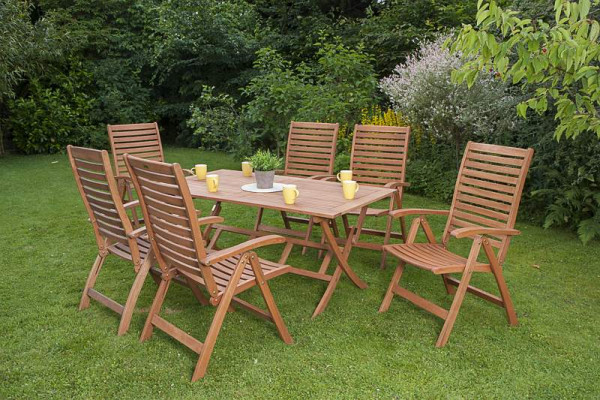 Merxx La Plata Set 7-teilig, 6 La Plata Klappsessel, 5-fach verstellbar, 1 Klapptisch, 160 x 90 cm, FSC Eukalyptusholz, 50030-011