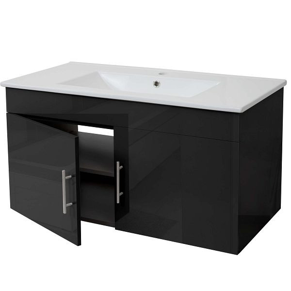 Mendler Waschbecken + Unterschrank HWC-D16, Waschbecken Waschtisch, FSC, hochglanz 90cm, schwarz, 62243+62241