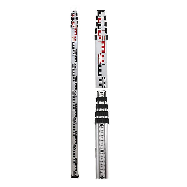 proNIVO Teleskop-Nivellierlatte aus Aluminium, 5 Meter, umgekehrte Teilung von unten nach oben auf der Rückseite, 201-06-805M-RG