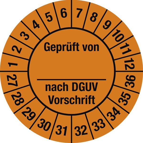 Moedel Prüfplakette Geprüft...DGUV Vorschrift, 2027-2036, Folie, Ø 25 mm, VE: 10 Stück/Bogen, 108303