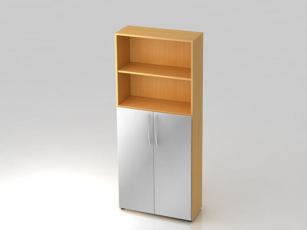 Hammerbacher Regal 5OH, 3OH Türen unten, Bogengriff Buche/Silber, 80x34,6x188 cm (BxTxH), V4770/6/S/BM