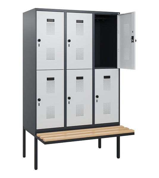 C+P Doppelstock-Spind Evolo PLUS, Bank, 6 Fächer, 1950x1200x815mm, 7016/7035, Drehriegel, Sitzfläche Buche-Hartholz, 0493405-32 S10017