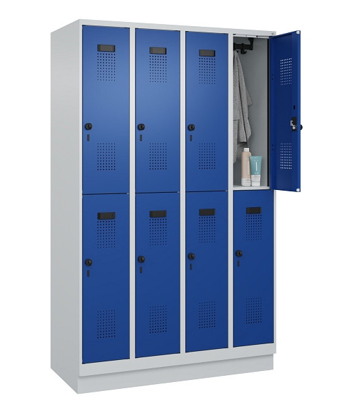 C+P Doppelstöckiger Spind Evolo PLUS, mit Sockel, 8 Fächer, 1950x1200x500mm, 703, Frontfarbe RAL 5010 Enzianblau, Drehriegel, 049320-40 S10006