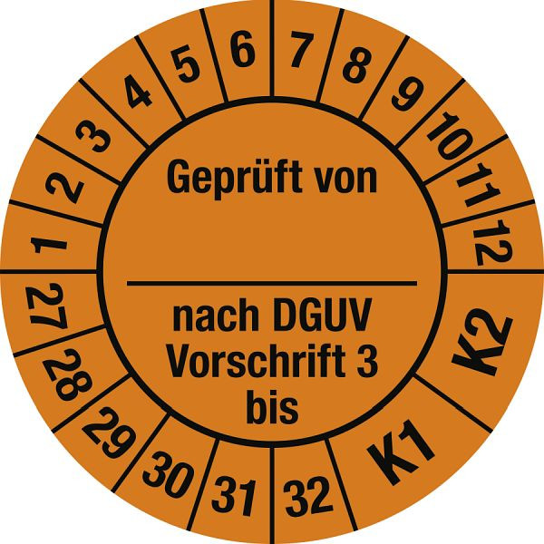 Moedel Prüfplakette Geprüft...DGUV Vorschrift 3 bis, 2027-2032, Folie, Ø 30 mm, VE: 10 Stück/Bogen, 108293