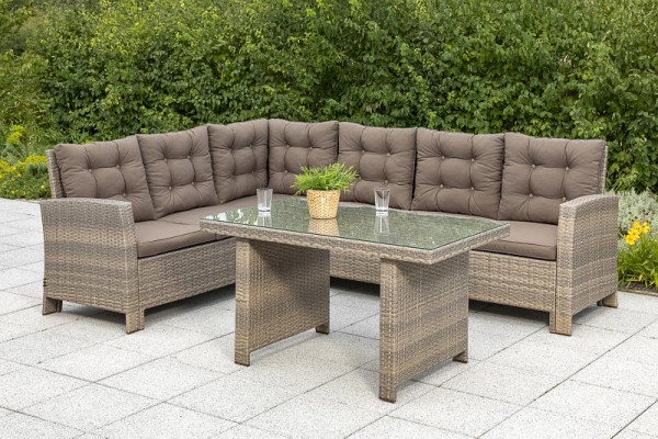 Merxx Salerno Eckbank Dinning Set, 1 Eckbank inkl. Sitz- und Rückenkissen, 1 Tisch 120 x 70 cm, aufliegende Glasplatte, natur/braun, 28430-258