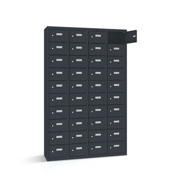 Rotstahl Wertfachschrank, 40 Fächer, Tür einwandig, kurzer Sockel, Korpus: anthrazitgrau, Türen: anthrazitgrau, 2161-041003-1151112-7016-7016