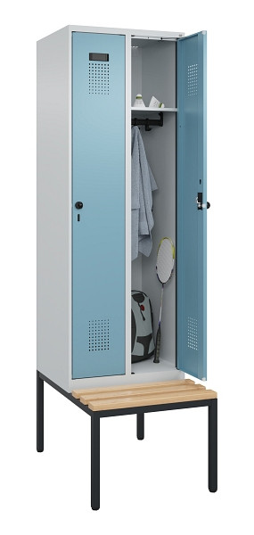 C+P Spind Evolo PLUS, 2 Abteil, 2120x600x815mm, 7035/0010, Drehriegel, Sitzfläche Buche-Hartholz, Sitzbank, 0490507-20 S10009