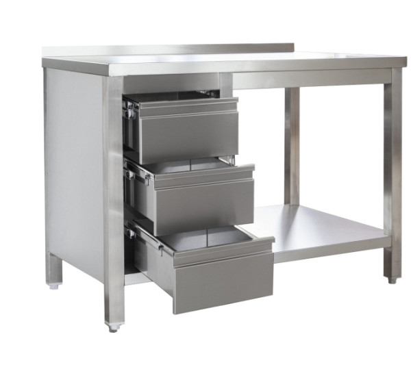 A&S Gastro Edelstahl Arbeitstisch mit Aufkantung, Schubladenblock links Bautiefe 800mm, mit Grundboden, AISI 304, 800 x 800 x 850 mm, ARTGASL088