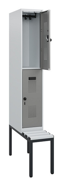 C+P Doppelstöckiger Spind Evolo PLUS, Bank, 2 Fächer, 1950x300x815mm, 7035/0004, Drehriegel, Sitzfläche Kunststoff, Sitzbank, 0493505-10 S10109