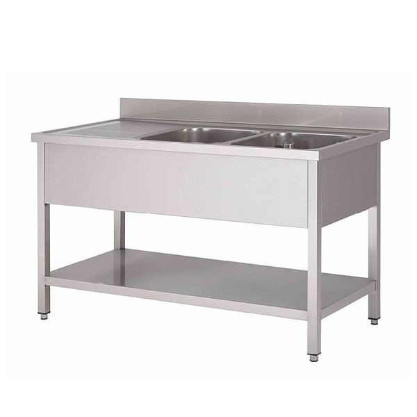 Gastro-Inox Spültische aus Edelstahl AISI 304 mit 2 Becken R und Grundboden, 1400(L)x700(T)x880(H)mm, 305.457