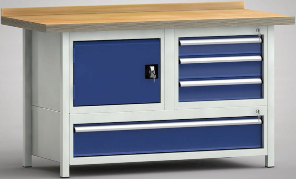 KLW Profi-Werkbank - 1500 x 700 x 845 mm L x T x H (ERGO-Version), Oben links Türe, rechts 100EA/2x125EA, Unten 175EA, WPK35E-1500M45-E7021
