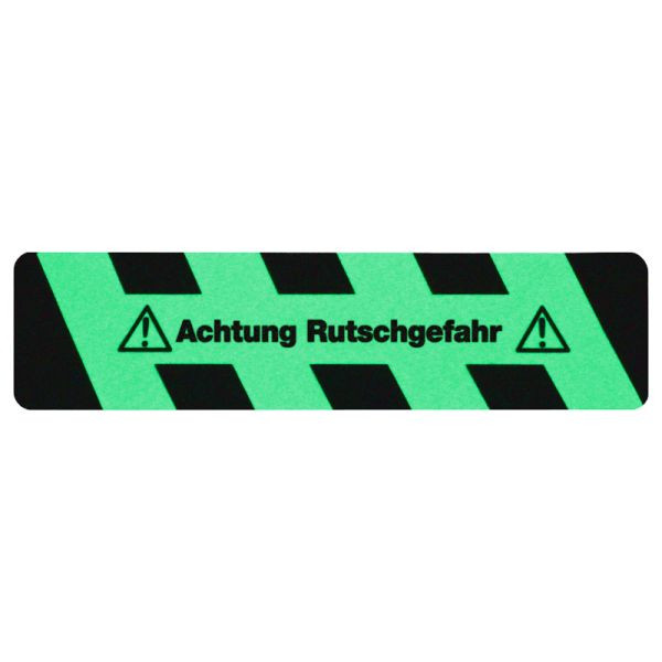 m2 Antirutschbelag nachleuchtend schwarz/grün mit Text "Achtung Rutschgefahr" Streifen 150x610mm, M1X11500610