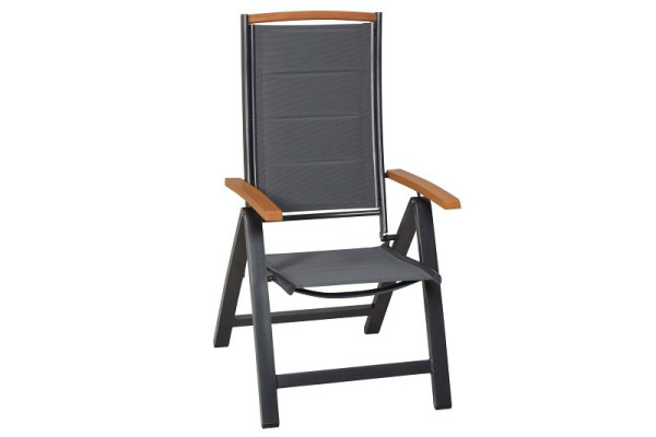 Merxx Tino Klappsessel, graphitfarbenes Gestell, graue Textilbespannung, folierte Applikationen in Holzoptik, 26025-309