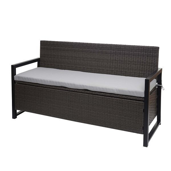 Mendler Poly-Rattan 3er Sitzbank HWC-F39, Gartenbank Truhenbank, Staufach Aufbewahrung Sitzkissen, grau, Kissen grau, 76593+76607