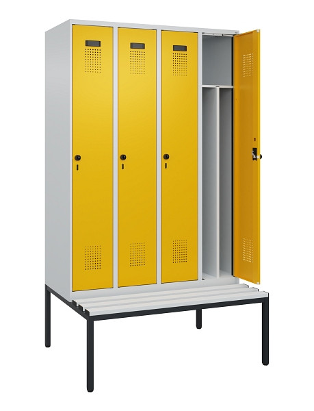 C+P Spind Evolo PLUS, 4 Abteile, 2120x1200x815mm, 7035/1004, Haken 4, Drehriegel, Sitzfläche Kunststoff, Sitzbank, 0490507-40F S10054