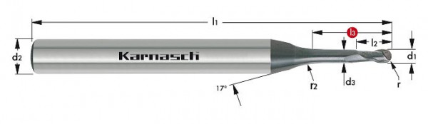 Karnasch VHM-Micro-3D-Radiusfräser d= 3,00 / r= 1,50 / L3= 14,0 / d2= 6 / Z= 2 DCC 0318 - Graphit/Zirkonium, 306554030014