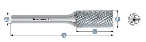 Karnasch Hartmetall-Frässtift unbeschichtet ZYB/ HP-4 d1=16 / l2=25 / d2=6 / l1=70mm, VE: 2 Stück, 113012120