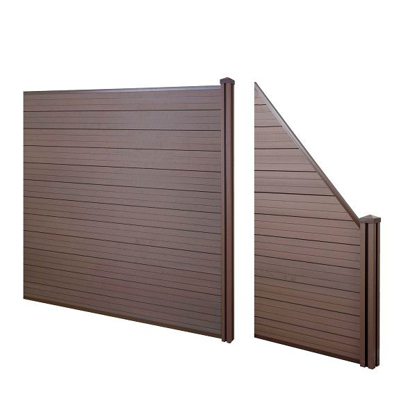 Mendler WPC-Sichtschutz Sarthe, Windschutz Zaun, WPC-Pfosten, 2er Set schräg, 2,91m braun, 58004+57993+57994+57995