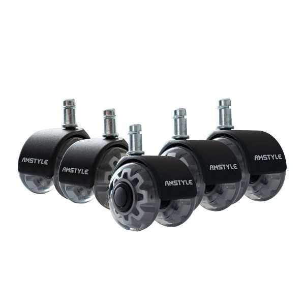 Amstyle 5er Set leichtgängige Universal-Schwerlastrollen für Bürostuhl 11 mm Stift / Durchmesser 50 mm, Drehstuhlrollen Silber, Doppellaufrollen, SPM1.977