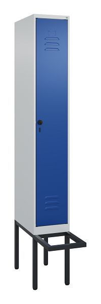 C+P Umkleidespind Classic PLUS, 2120x300x815mm, 7035/5010, Drehriegel, Buche-Sitzleisten, je 2 Doppel-Haken, 0800407-10F S10003