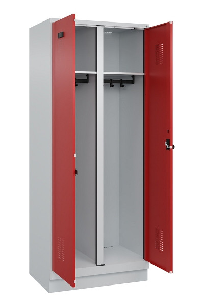 C+P Schwarz-Weiß-Spind Evolo PLUS, mit Sockel, 2 Abteile, 1950x800x500mm, 7035/3, Frontfarbe RAL 3000 feuerrot, Drehriegel, 049022-22 S10003