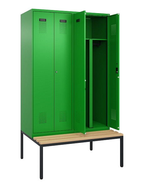C+P PSA Doppel-Spind Evolo PLUS, Bank, 4 Abteile, 2120x1200x815mm, 6037/6037, Zylinderschloss, Sitzfläche Buche-Hartholz, Sitzbank, 0490527-40P S10053