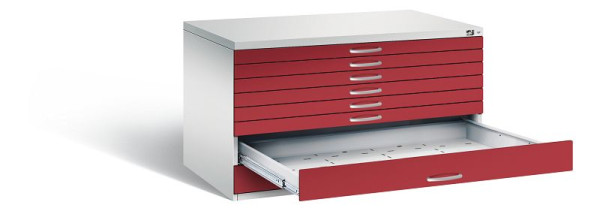 C+P Flachablageschrank Serie 7100_7200, H760xB1350xT960mm, Farbe: Lichtgrau / Rubinrot, Bügelgriff, 7201-200 S10176