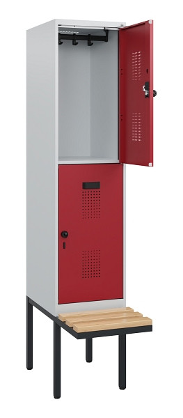 C+P Doppelstock-Spind Evolo PLUS, Bank, 2 Fächer, 1950x400x815mm, 7035/3003, Drehriegel, Sitzfläche Buche-Hartholz, 0493405-12 S10004