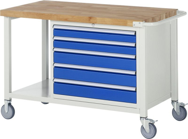RAU Fahrbare Werkbank 8000 - Modell 8271, B1250 x T700 x H880 mm, Unterbau-Container rechts, 5x Schubladen: 2xH90, 3xH120 mm, 05-8271A6-127B4S.11