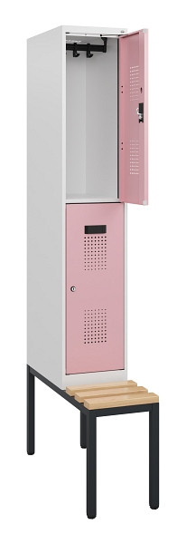 C+P Doppelstöckiger Spind Evolo PLUS, Bank, 2 Fächer, 1950x300x815mm, 9016/3015, Zylinderschloss, Sitzfläche Buche-Hartholz, Sitzbank, 0493505-10 S10045