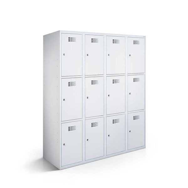 Rotstahl Fächerschrank, 4 Reihen, 3 Fächer/Reihe, Abteilbreite 30 cm, ECO, Stollenfüße, Lichtgrau, 2110-040300-1202112-7035-7035ECOZYL