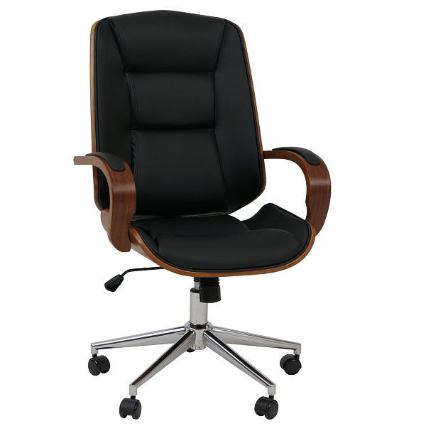 Mendler Bürostuhl HWC-O83, Drehstuhl Chefsessel, Kunstleder (280g/m²) Bugholz FSC Walnuss-Optik, schwarz, 118540