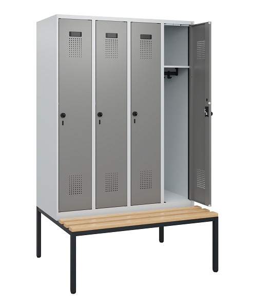 C+P Spind Evolo PLUS, 4 Abteile, 1950x1200x815mm, 7035/0004, Drehriegel, Sitzfläche Buche-Hartholz, Sitzbank, 0490505-40 S10014