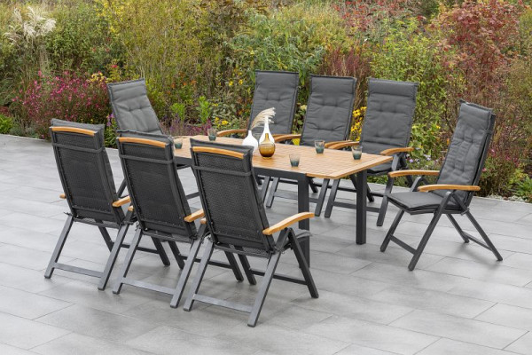 Merxx Tilos Set 17-teilig, 8 Tilos Klappsessel, 8 Kissen, uni grau, 1 Tilos Ausziehtisch, 150 (200) x 90 cm, Aluminium mit FSC Akazienholz, 50210-800