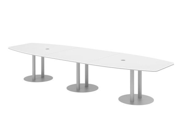 Hammerbacher Konferenztisch KT40S, 400 x 130 cm, Platte: Weiß, 25mm dick, mit drei silbernen Säulenfüßen, 7,6/70 cm, Arbeitshöhe 74 cm, VKT40S/W/S