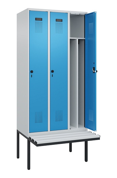 C+P Spind Evolo PLUS, 3 Abteile, 2120x900x815mm, 7035/5012, Haken 4, Drehriegel, Material Sitzfläche Kunststoff, 0490407-30F S10061