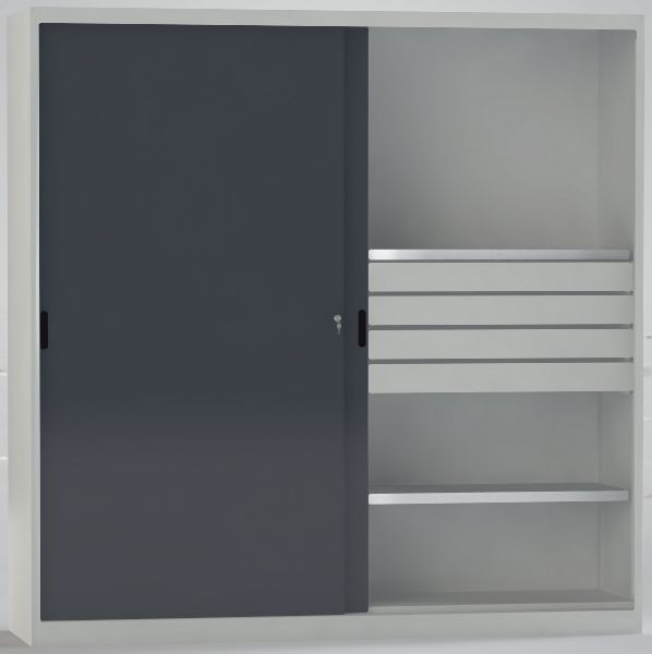 KLW Schiebetürenschrank 2000x2000x525mm, links: 2 Schubladen 800mm mit Mitteltrennwand, Fachboden; rechts: 2 Schubladen 800mm, 7SN-UL2000TB-2S12MRB