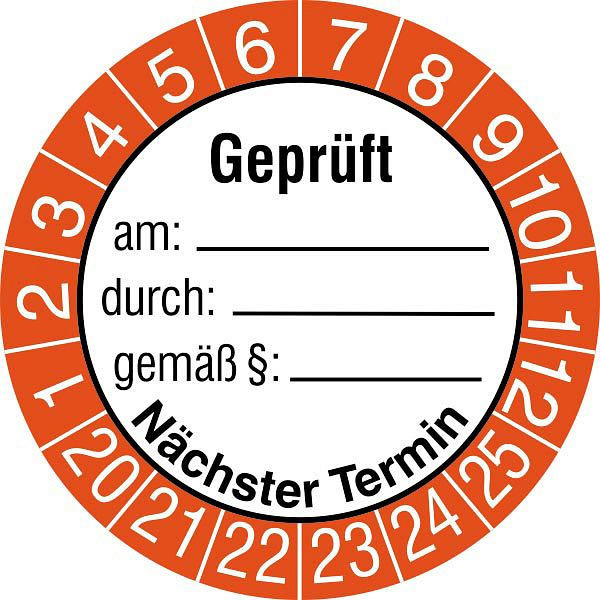 SafetyMarking Prüfplakette, Geprüft am: durch gemäß, Prüfzeitraum: 20-25, Ø 3 cm, Folie, selbstklebend, VE: 15 Stück/Bogen, 30.3697-20-25