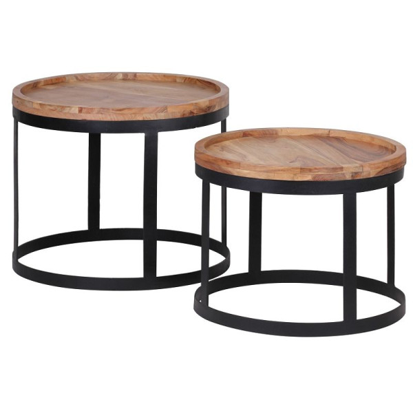 Wohnling 2er Set Beistelltische AKOLA Massivholz Akazie Landhausstil Anstelltisch Metallgestell Naturholz, WL1.551