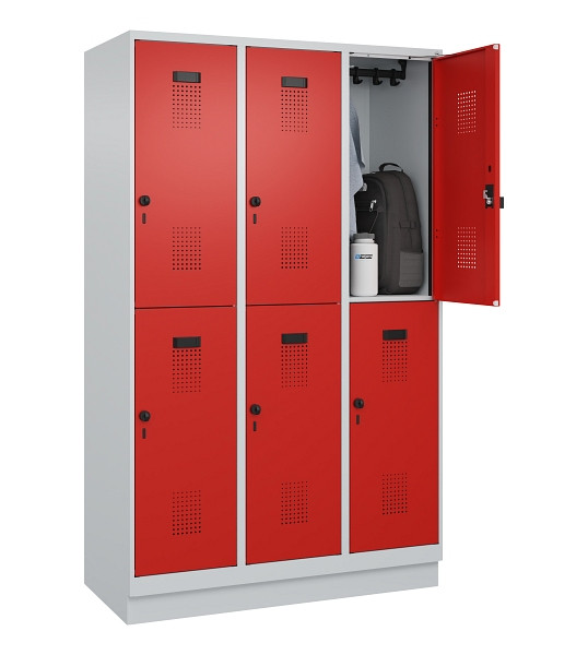 C+P Doppelstöckiger Spind Evolo PLUS, mit Sockel, 6 Fächer, 1950x1200x500mm, 703, Frontfarbe RAL 3020 Verkehrsrot, Drehriegel, 049320-32 S10005