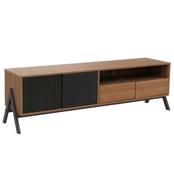 Mendler TV-Rack HWC-O40, Lowboard TV-Schrank 2 Schubladen Türen Staufächer, MDF Metall Melamin 48x155x40cm, natur, 139053+139054