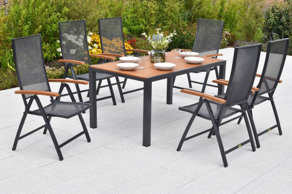 Merxx Thasos Set 7-teilig, 6 Thasos Klappsessel, 1 Tisch 150 x 90 cm, folierte Tischplatte in Holzoptik, Aluminium, 50190-217