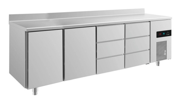 A&S Polarny Kühltisch -2 bis +8°C mit 2x Türen und 2x drei Schubladen rechts, 2330 x 700 x 850 mm, mit Aufkantung, KT4TTDDA